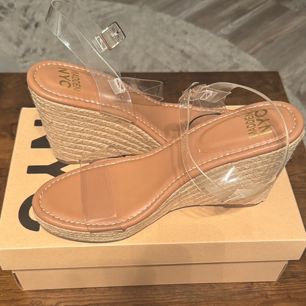 Modern NYC Clear Strap Tan Wedges